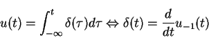 \begin{displaymath}u(t)=\int_{-\infty}^{t}\delta(\tau)d\tau \Leftrightarrow \delta(t)=\frac{d}{dt}u_{-1}(t)
\end{displaymath}