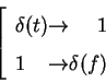 \begin{displaymath}\left[
\begin{array}{l @{\rightarrow} r}
\delta(t) & 1\\ 1 & \delta(f)
\end{array} \right.
\end{displaymath}