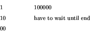 \begin{displaymath}\begin{array}{l@{\hspace{2cm}}l}
1 & 100000 \\
10 & \mbox{have to wait until end}\\
00 &
\end{array}\end{displaymath}