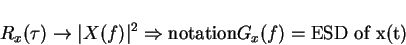 \begin{displaymath}R_x(\tau)\rightarrow \vert X(f)\vert^2\Rightarrow \mbox{notation} G_x(f)=\mbox{ESD of x(t)}
\end{displaymath}